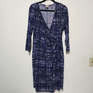 Anne Klein Purple-Blue Abstract faux-wrap dress, Surplice V-Neck XL C03-0168